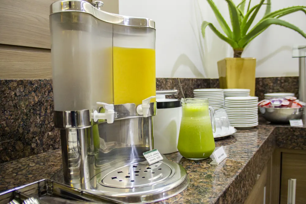 Juice and fruit at the breakfast buffet